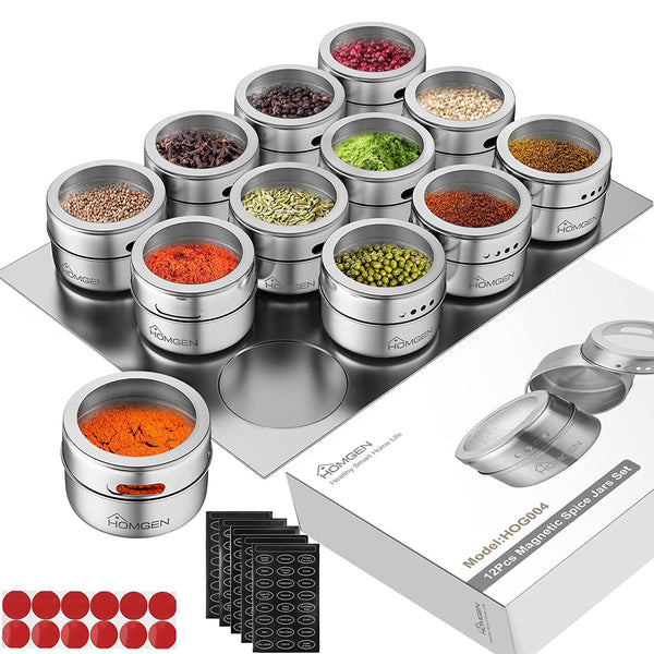 Magnetic Spice Jars Storage Containers Set,HOMGEN 12PCS Popular Stainless Steel Magnetic Spice Jars 100ml Portable Spice Jars BBQ Spice Storage Containers Set with Lids and Chassis for Kitchen