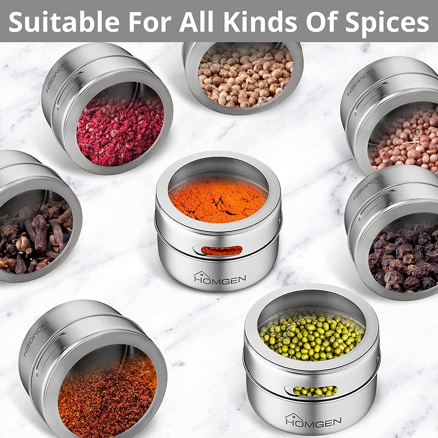 Magnetic Spice Jars Storage Containers Set,HOMGEN 12PCS Popular Stainless Steel Magnetic Spice Jars 100ml Portable Spice Jars BBQ Spice Storage Containers Set with Lids and Chassis for Kitchen