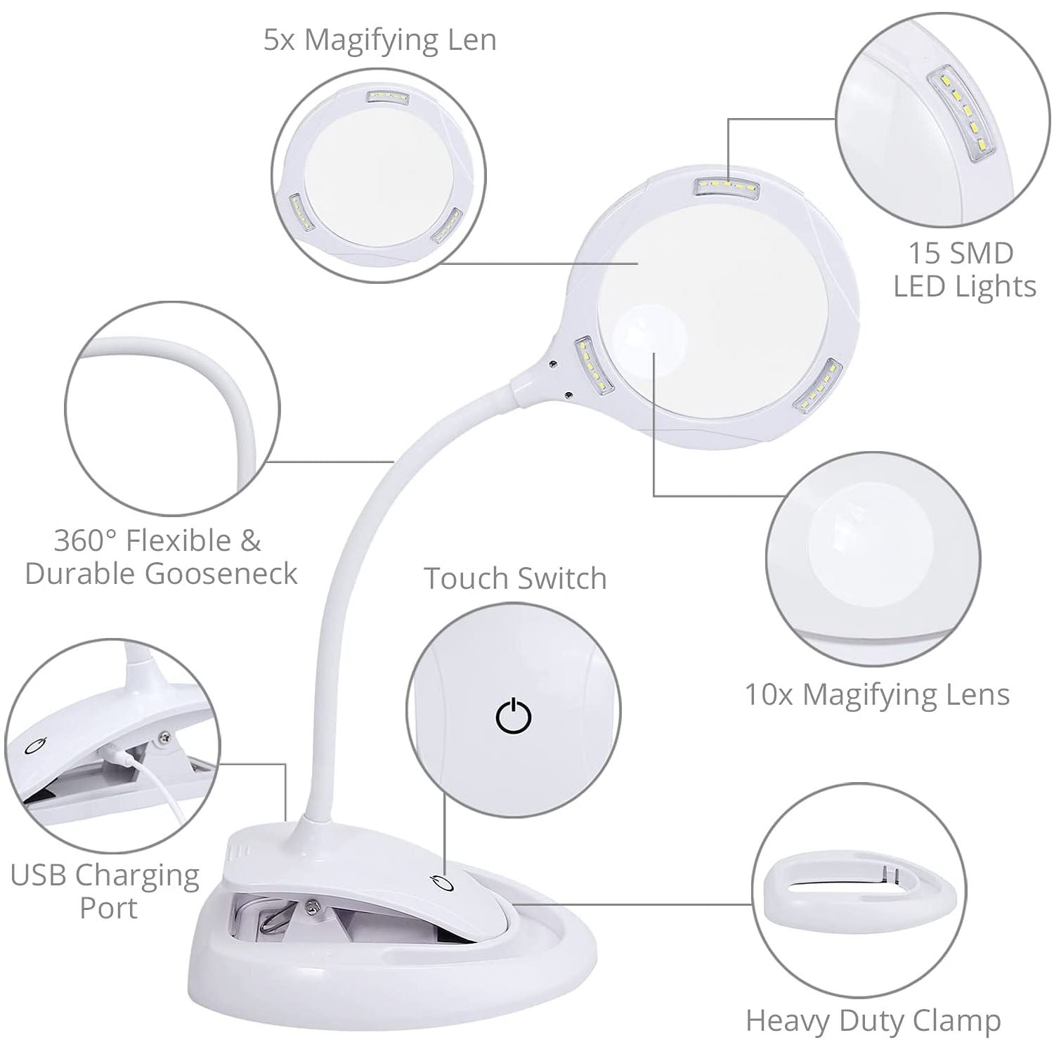 HOMGEN Hands Free Magnifier Lamp Rechargeable