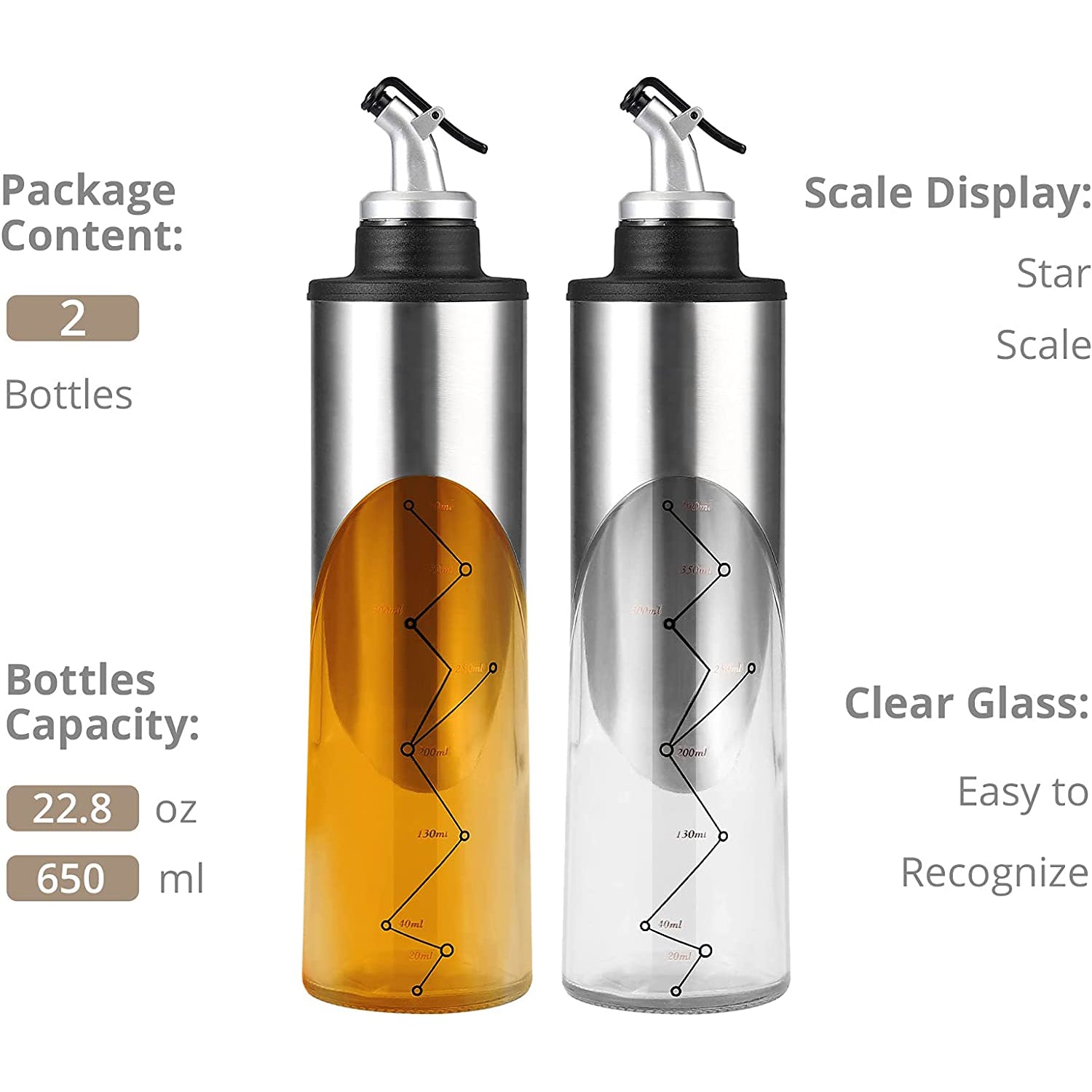 HOMGEN Popular 2Pcs 650ml Stainless Steel&Glass Oil Bottle
