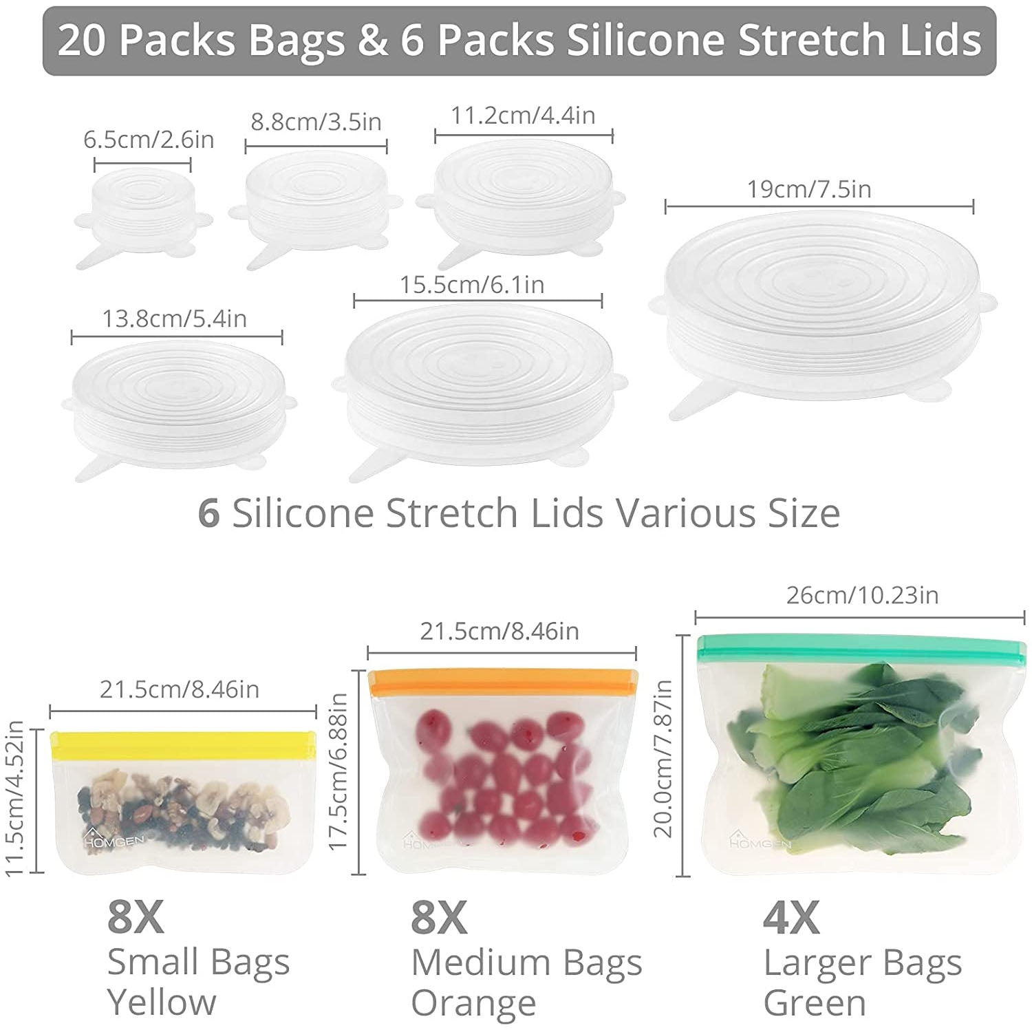 HOMGEN 26Pcs BPA Free PEVA Fridge Reusable Storage Bags